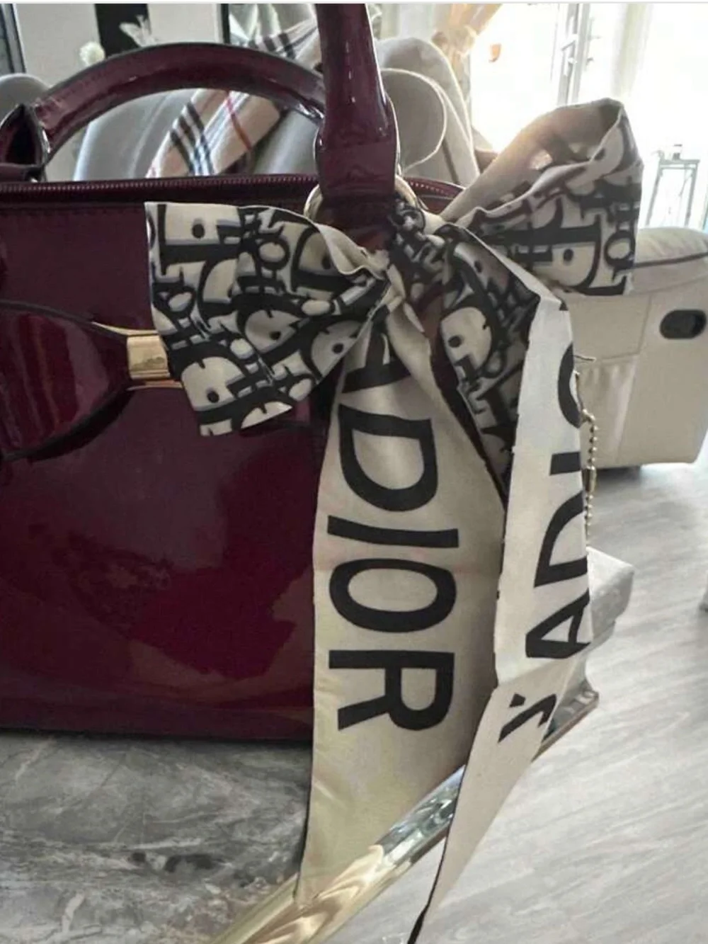 Dior Logo Print Burgundy and White Silk Scarf